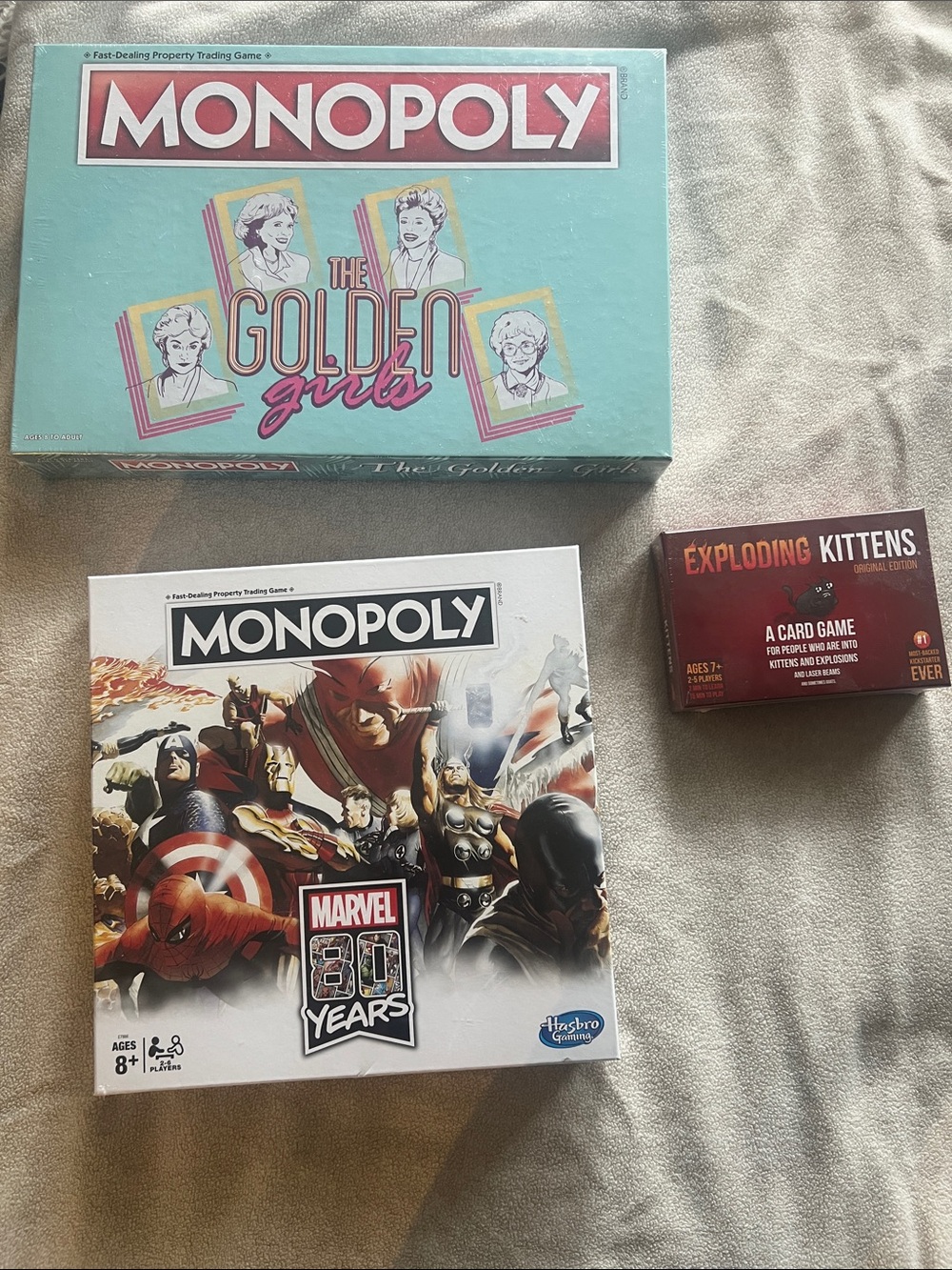 Lot of 3: Monopoly Marvel 80 Years, Golden Girls and Exploding Kittens- NWT!
